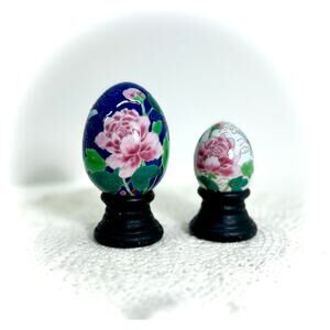 Chinese Cloisonné Eggs, VTG Pair on Stands - Cobalt Blue & White, Pink Peony
